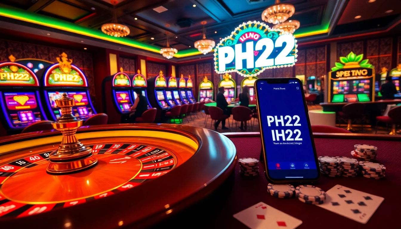 Experience the excitement of PH22 with glamorous casino visuals showcasing vibrant slot machines.
