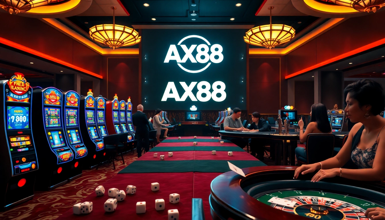 AX88 players enjoying an exciting online casino atmosphere with dynamic tables and vibrant lights.