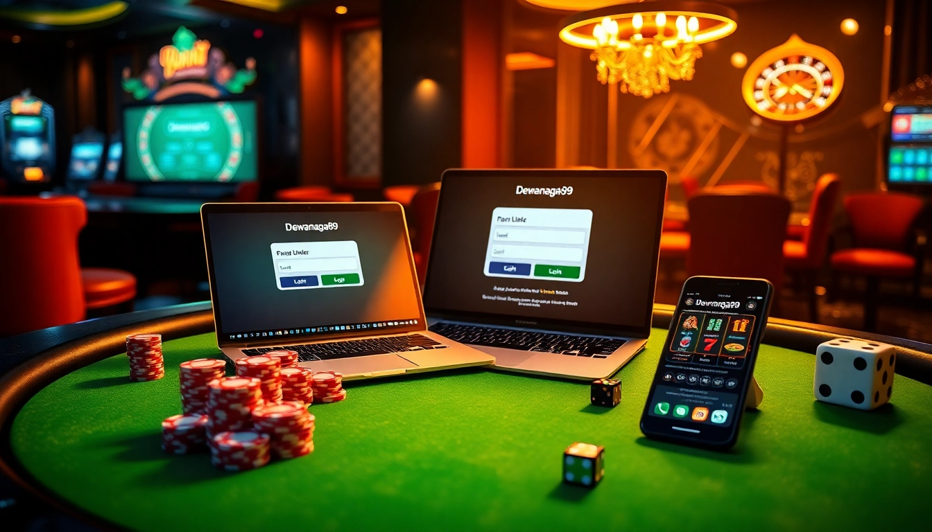 Berinteraksi dengan antarmuka login dewanaga89 di meja kasino yang elegan penuh chip poker.