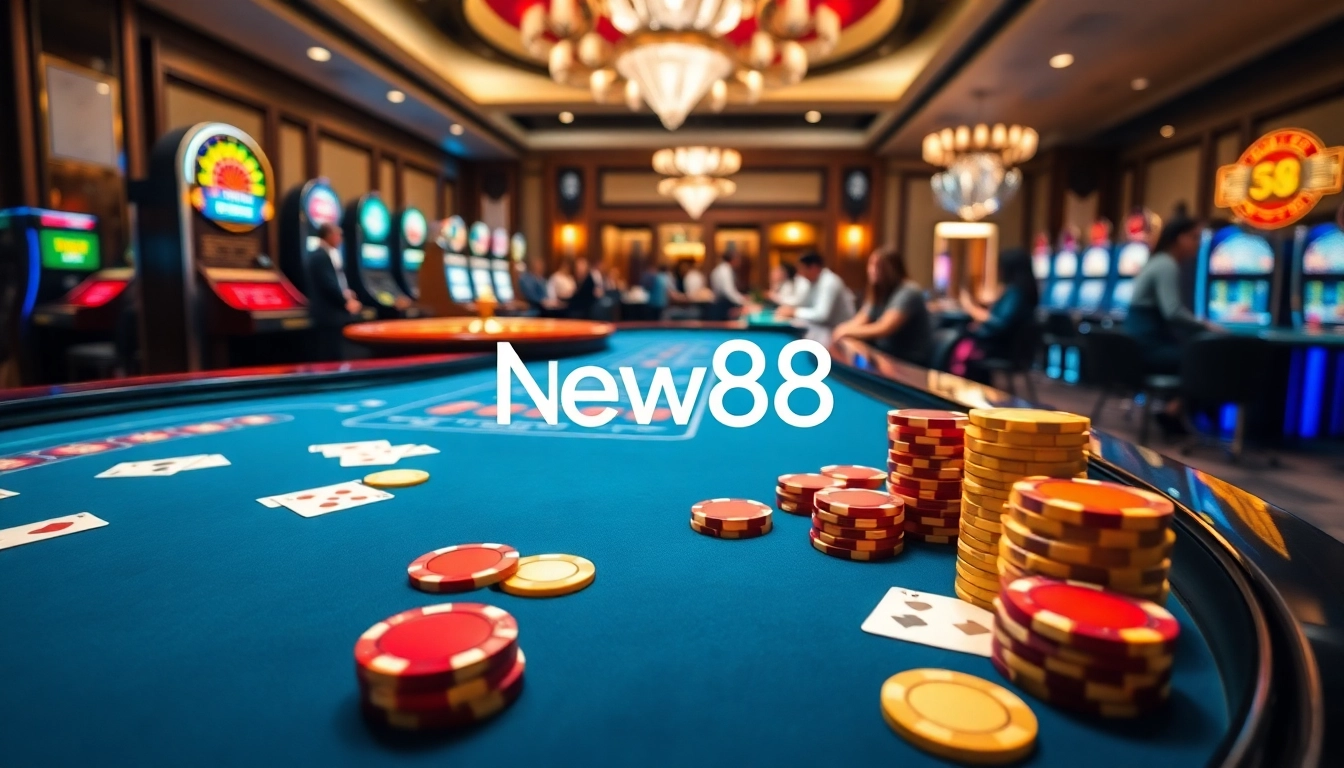 A vibrant casino atmosphere with poker chips and cards from https://new88bet.us/ offering an exciting gambling experience.