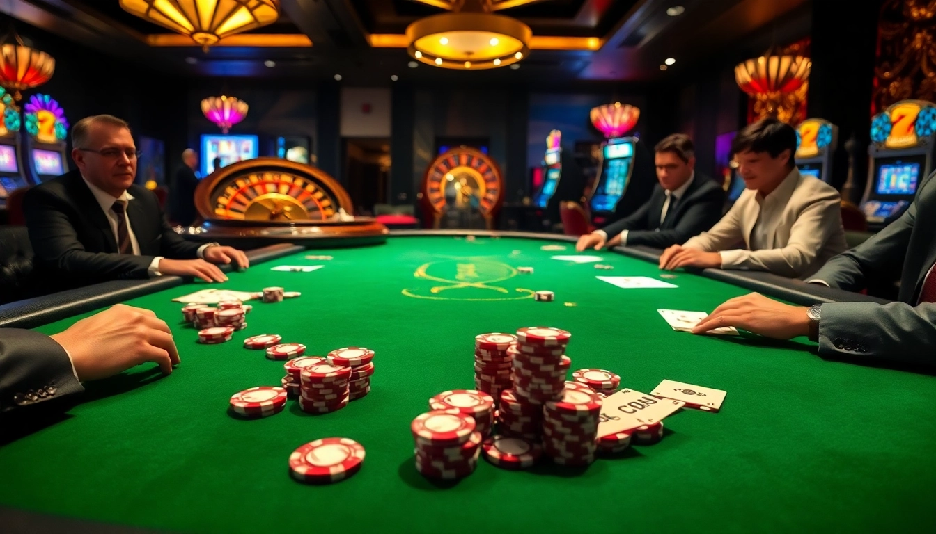 Excited players at CM88 poker table in a vibrant casino atmosphere with roulette wheel.