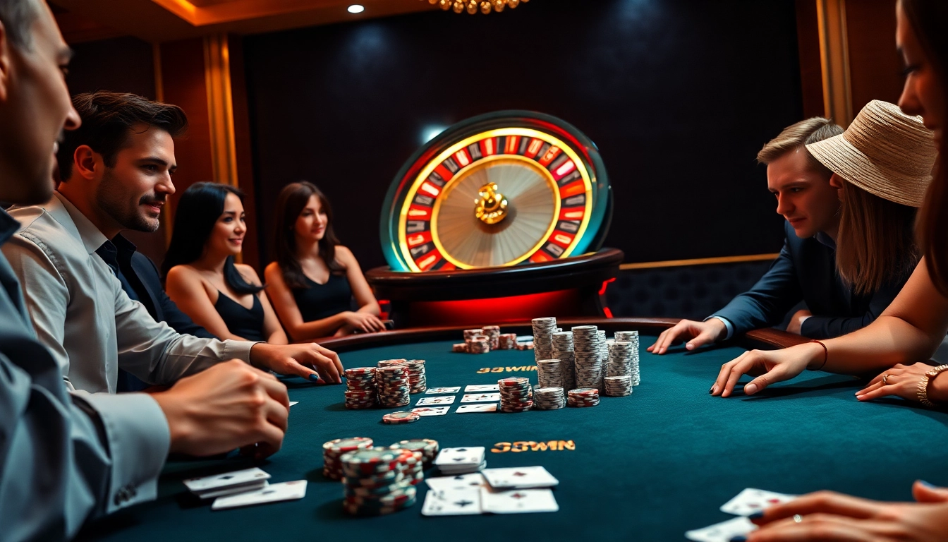 Players enjoying a thrilling game at the 33win poker table in a luxurious casino.