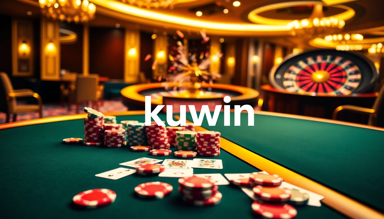 Kuwin players strategizing at a poker table in a vibrant casino environment.