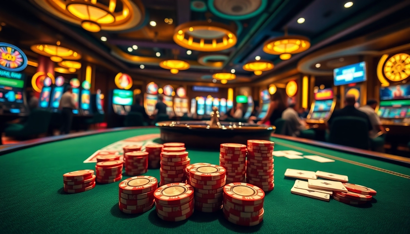 Engaging scene of a vibrant casino showcasing games related to https://rr88it.com/, highlighting poker and roulette action.