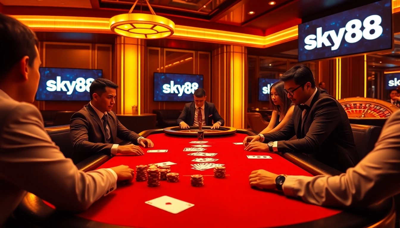 Engaging players in high-stakes game at Trang chủ Sky88 with luxurious poker table and vibrant decor.