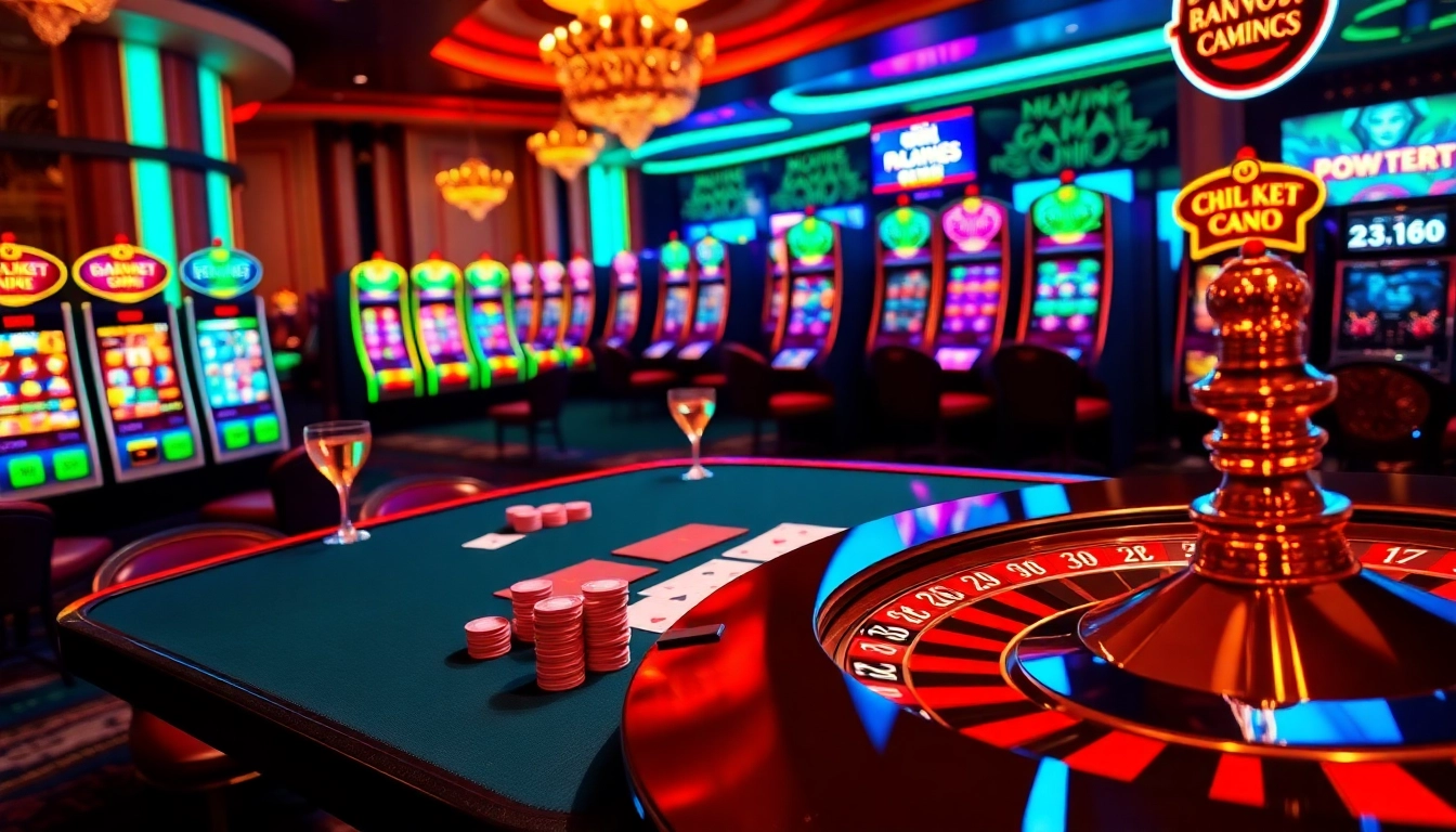 Exciting gaming scene featuring nhà cái c168 with poker, roulette, and vibrant slot machines.