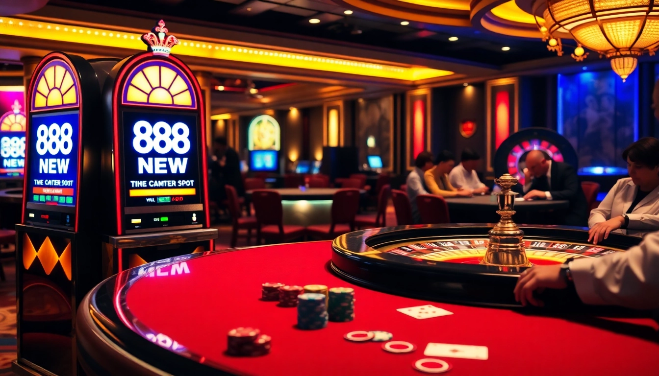 Experience the excitement of 888NEW with a lively casino scene featuring high-stakes poker and vibrant slot machines.