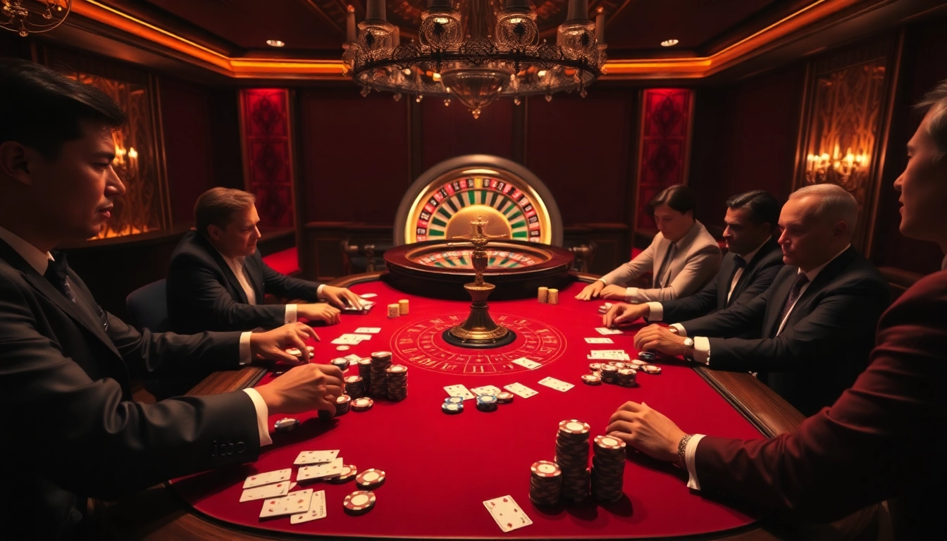 Players enjoying a thrilling poker game in a luxurious casino setting, embodying the excitement of jbo.