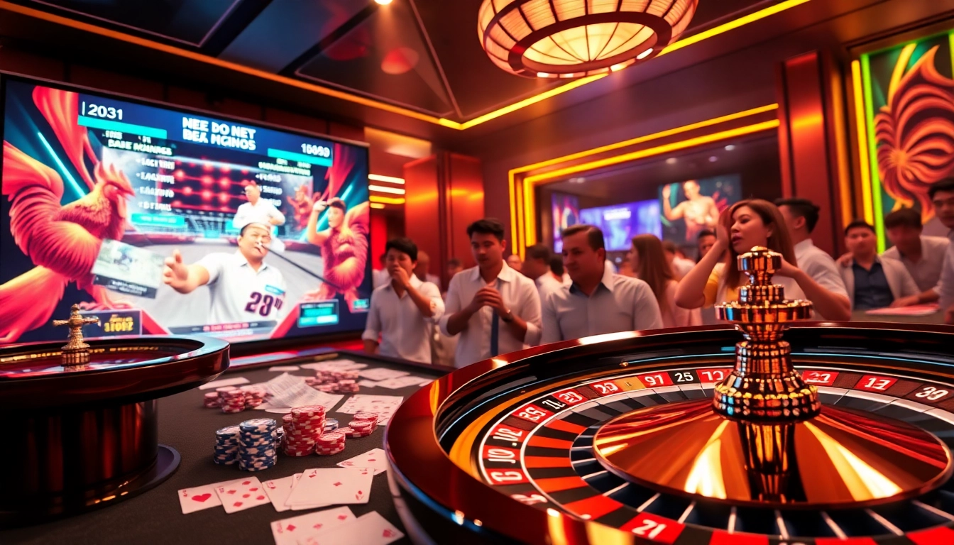 Engaging live betting scene showcasing Đá Gà BJ38 excitement with players and vibrant casino elements.