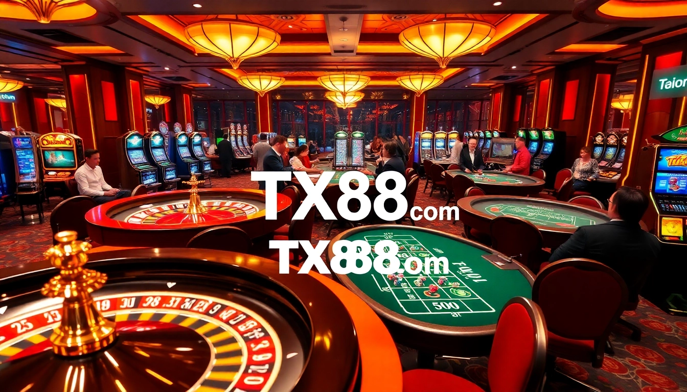 Gambling action at TX88 com with vibrant roulette wheels and poker tables.