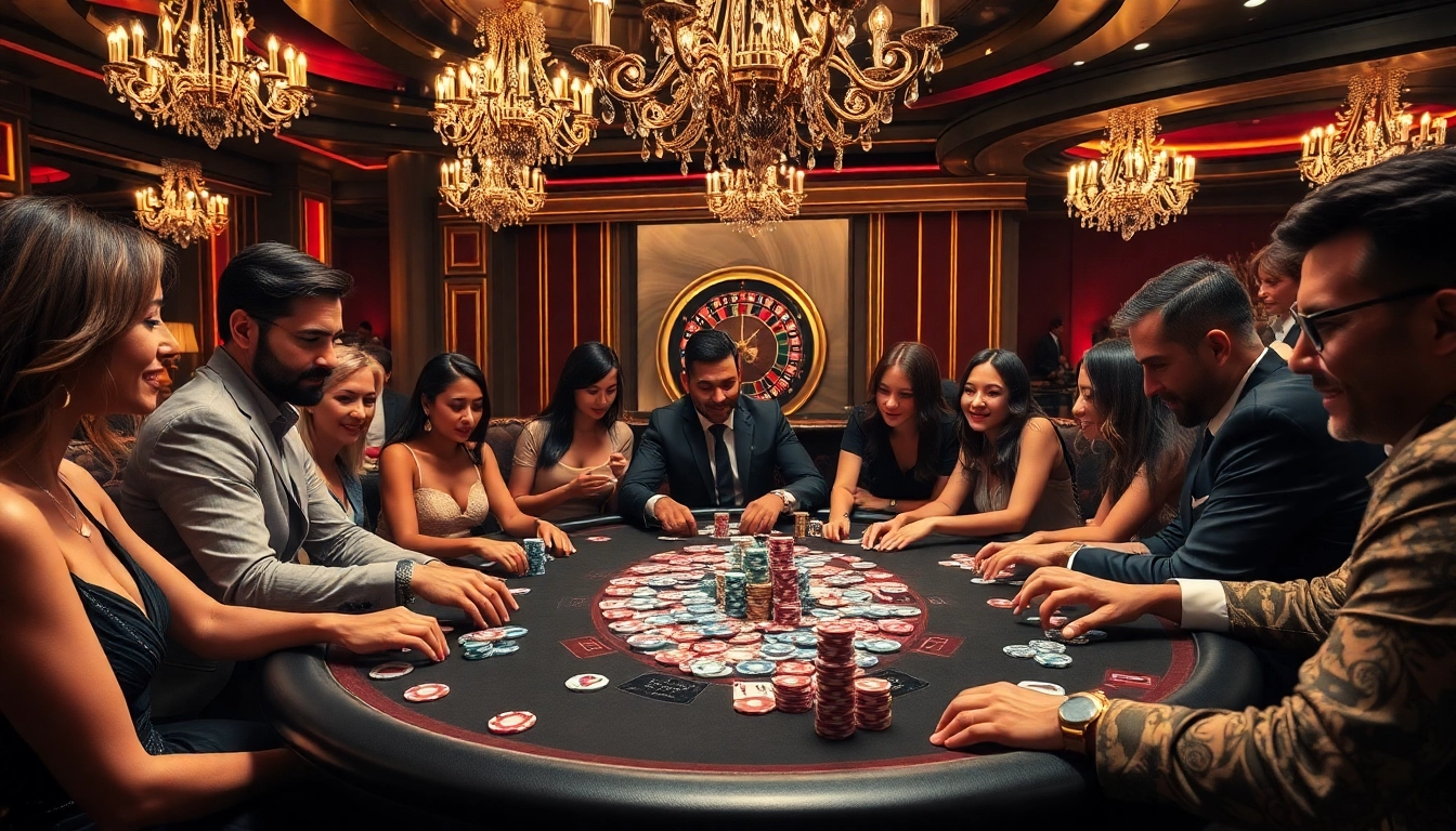 Exciting poker game scene featuring cwin chips and cards in a luxurious casino atmosphere.