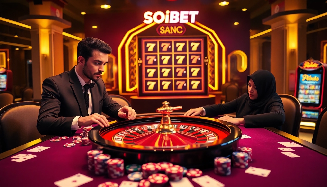 Experience the excitement of SOIBET with a sophisticated casino scene featuring roulette and poker.