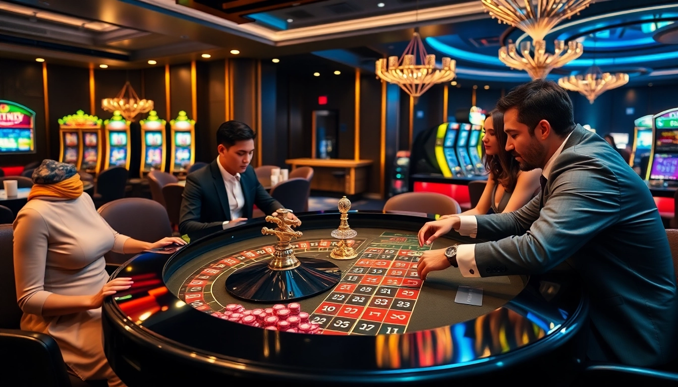 Players enjoying an exhilarating game at https://mm88.yokohama/ casino tables with vibrant roulette chips and cards.