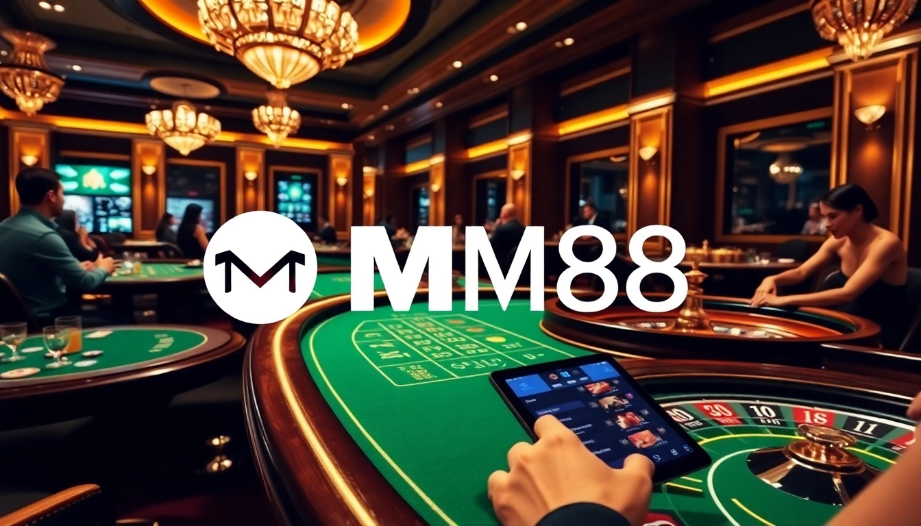 Exciting MM88 casino scene showcasing vibrant tables and engaged players in a luxurious setting.