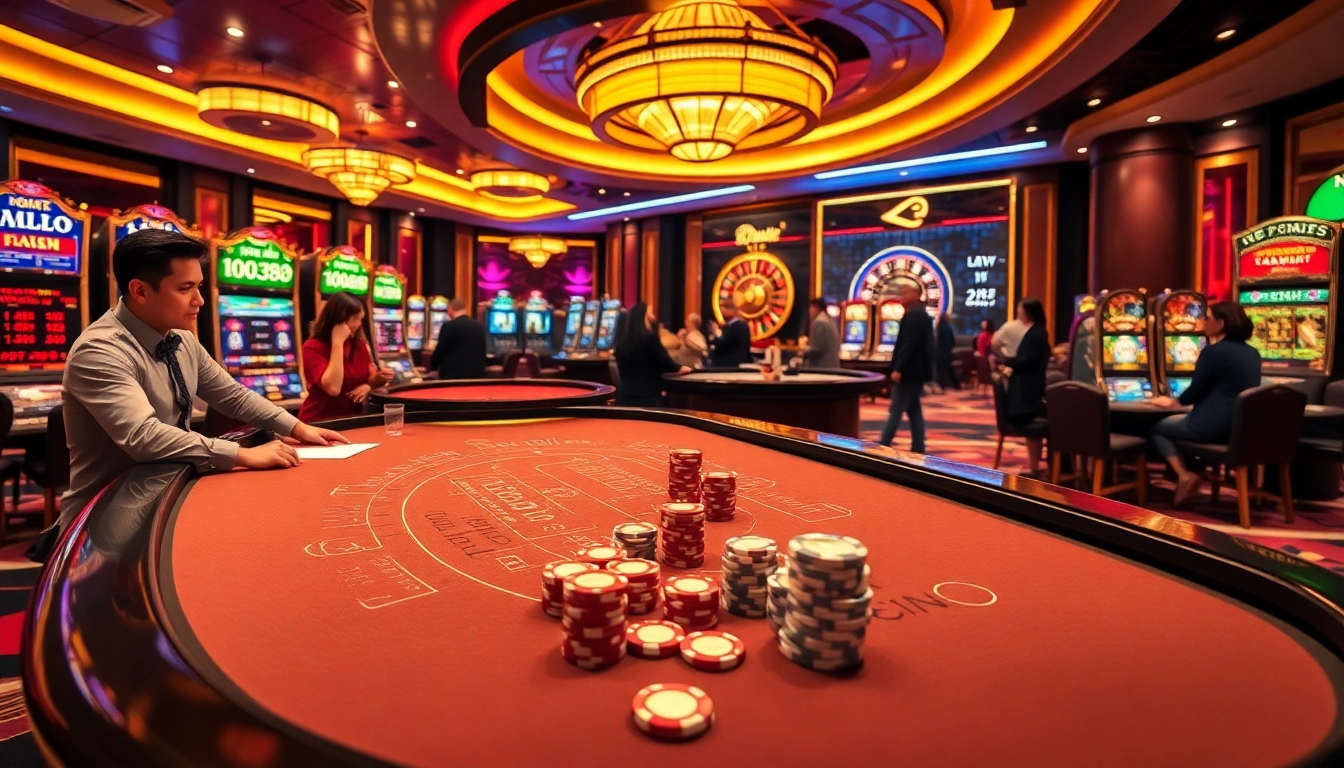 Experience the excitement of new88 com with players at a baccarat table in a luxury casino setting.