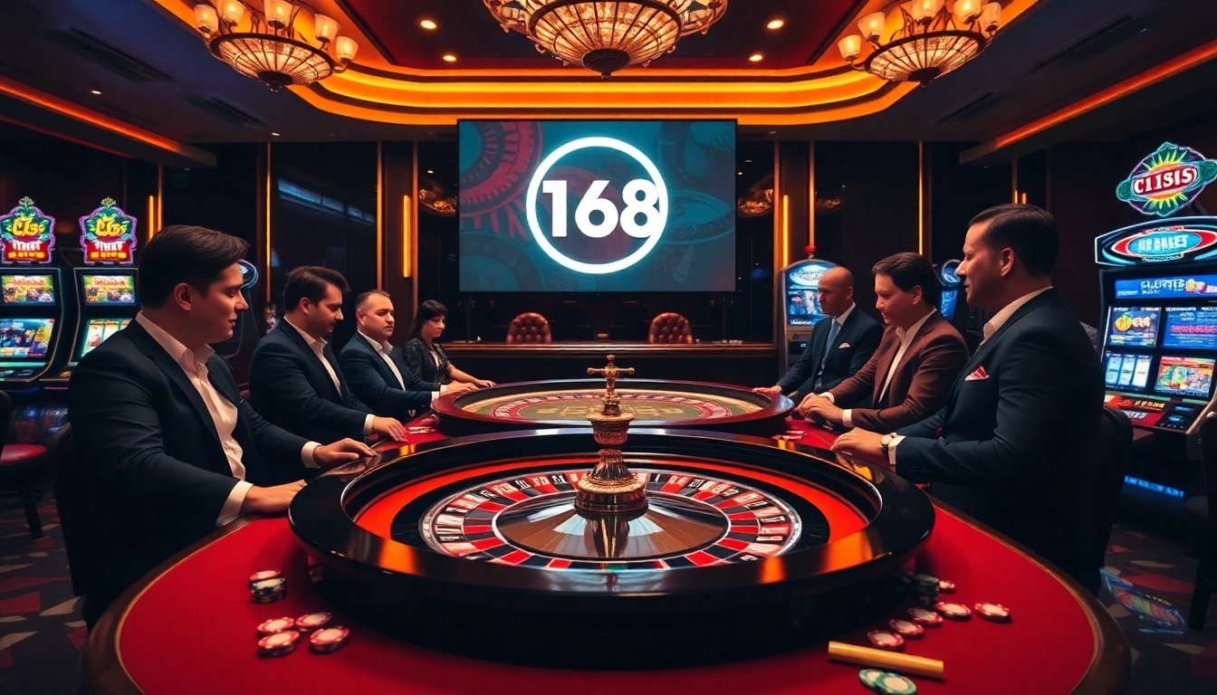 High-stakes players enjoying a roulette game at C 168 casino with vibrant chips and a digital display.