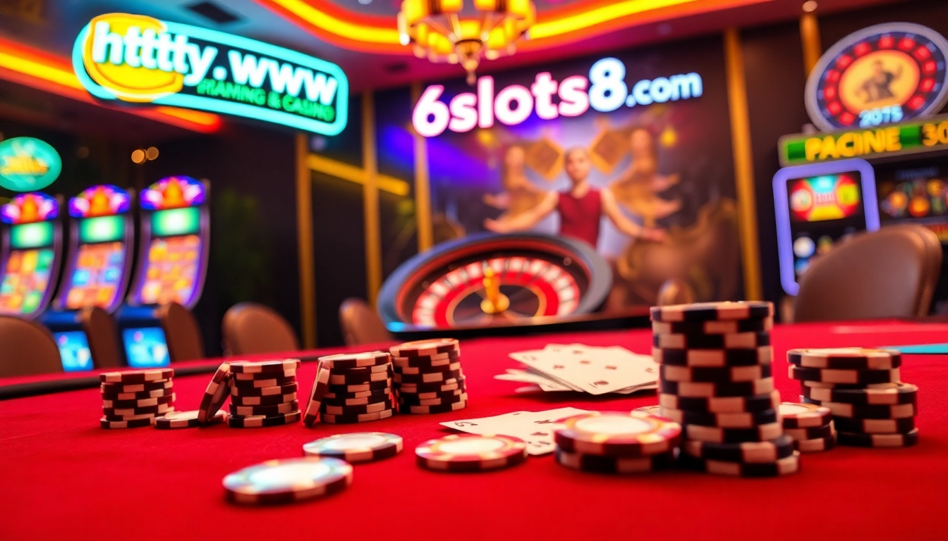Compelling casino scene featuring https://www.6slots8.com/ with poker chips, cards, and slot machines.