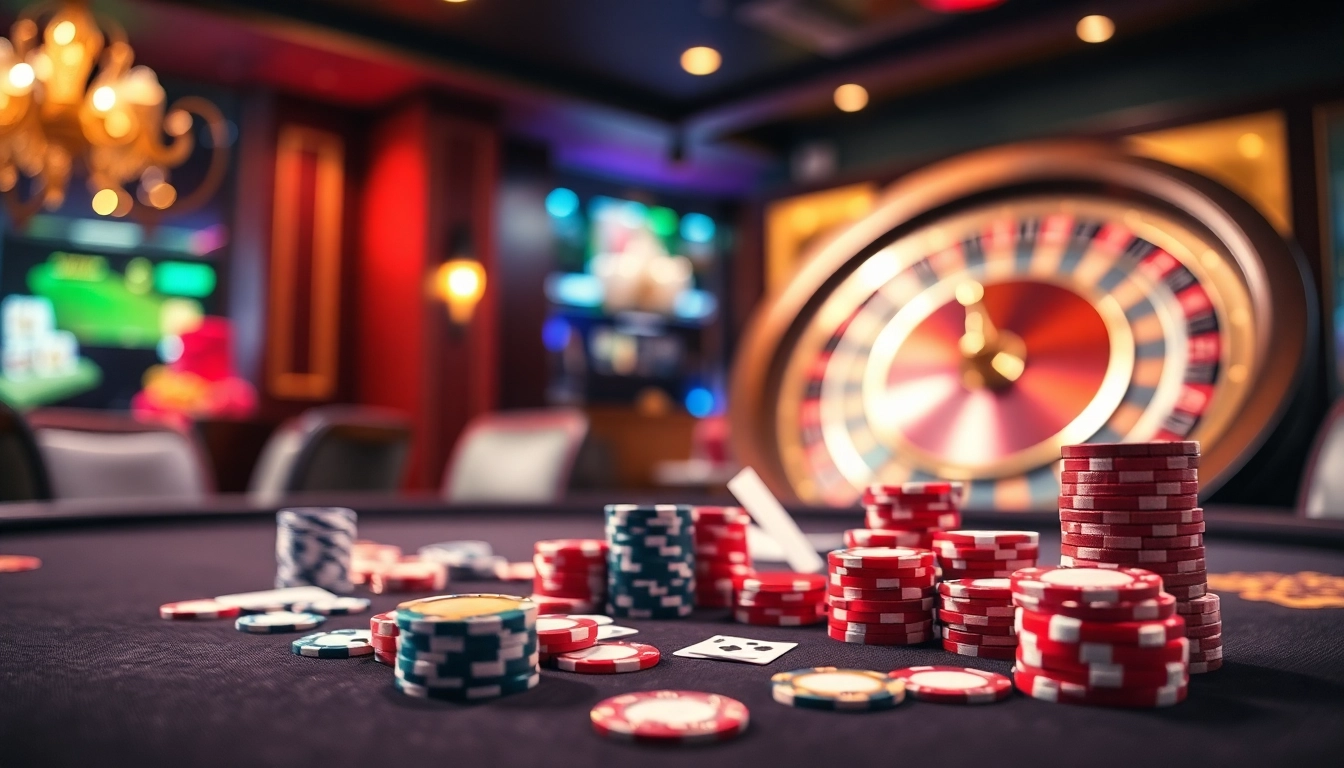 Exciting poker game at trang chu 32win casino with vibrant chips and illuminated roulette wheel.