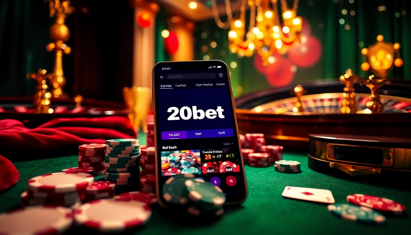 20bet Download app showcased on a luxury mobile device among vibrant casino decor.