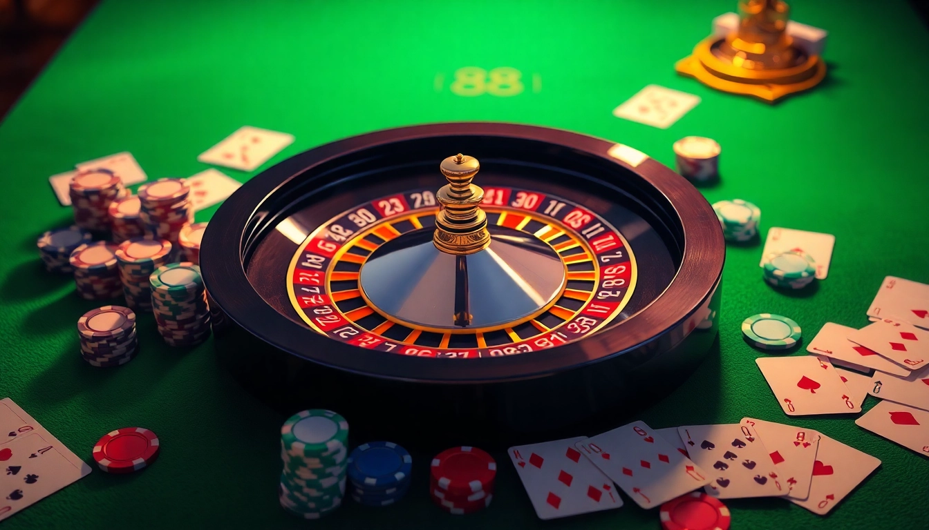 Engaging scene of new 88 casino, featuring roulette table with chips and playing cards.