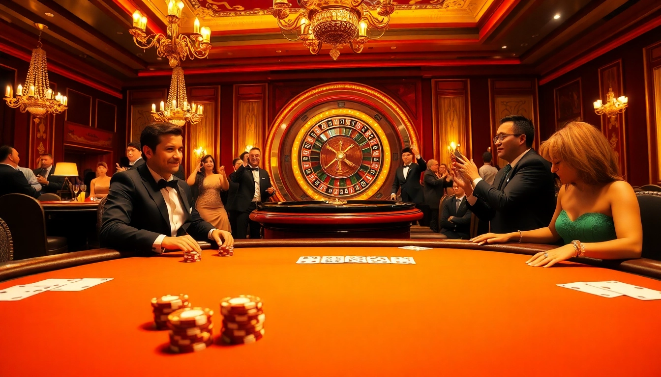 Experience the excitement at king88 casino with players at a luxurious poker table and spinning roulette wheel.