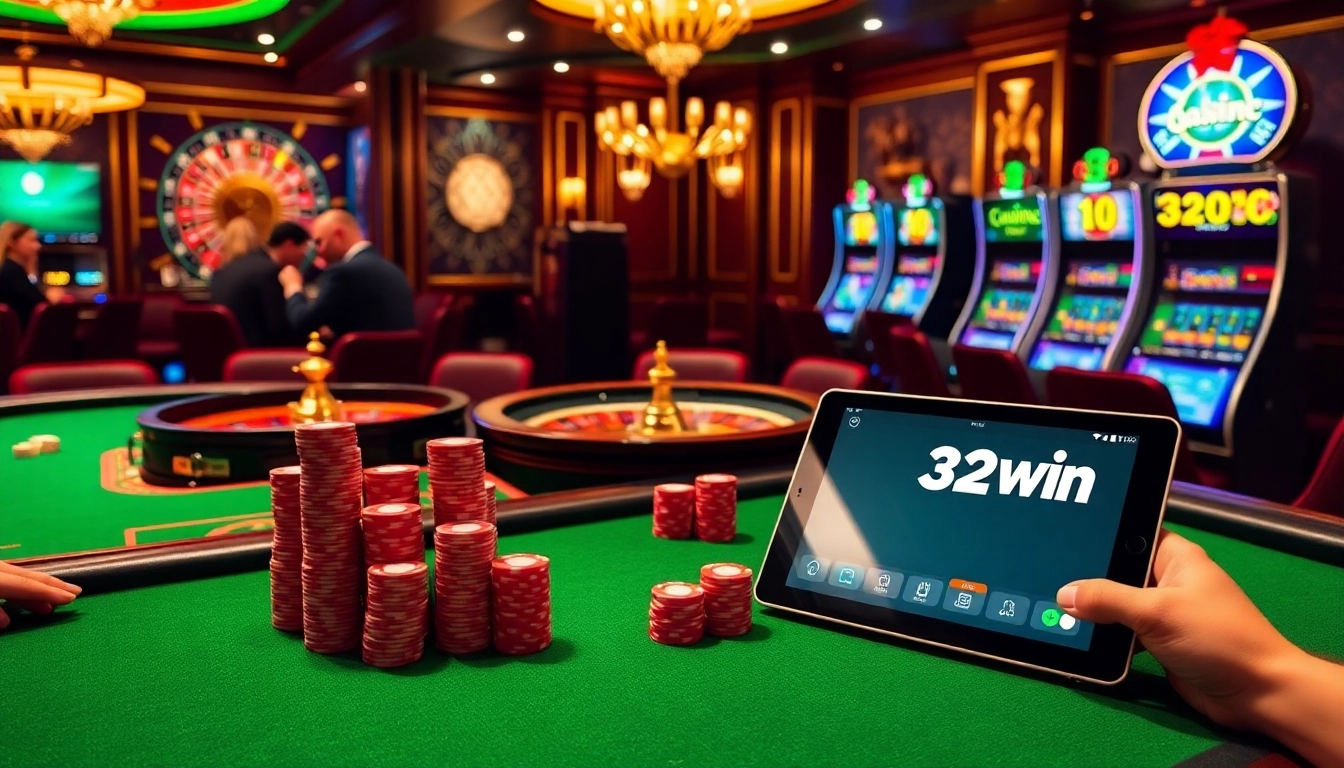 Experience the thrill of betting at 32win with vibrant casino tables and poker chips.