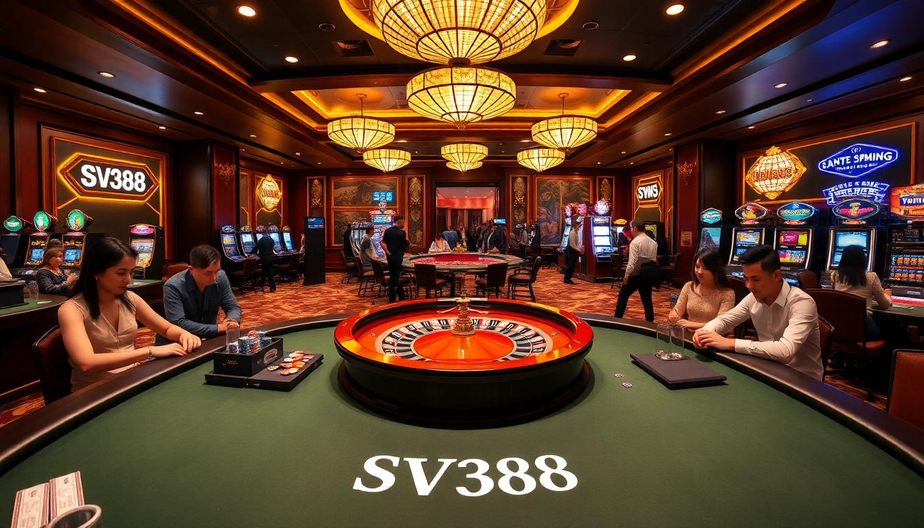 SV388 casino scene with players enjoying roulette and slot machines in a vibrant setting.