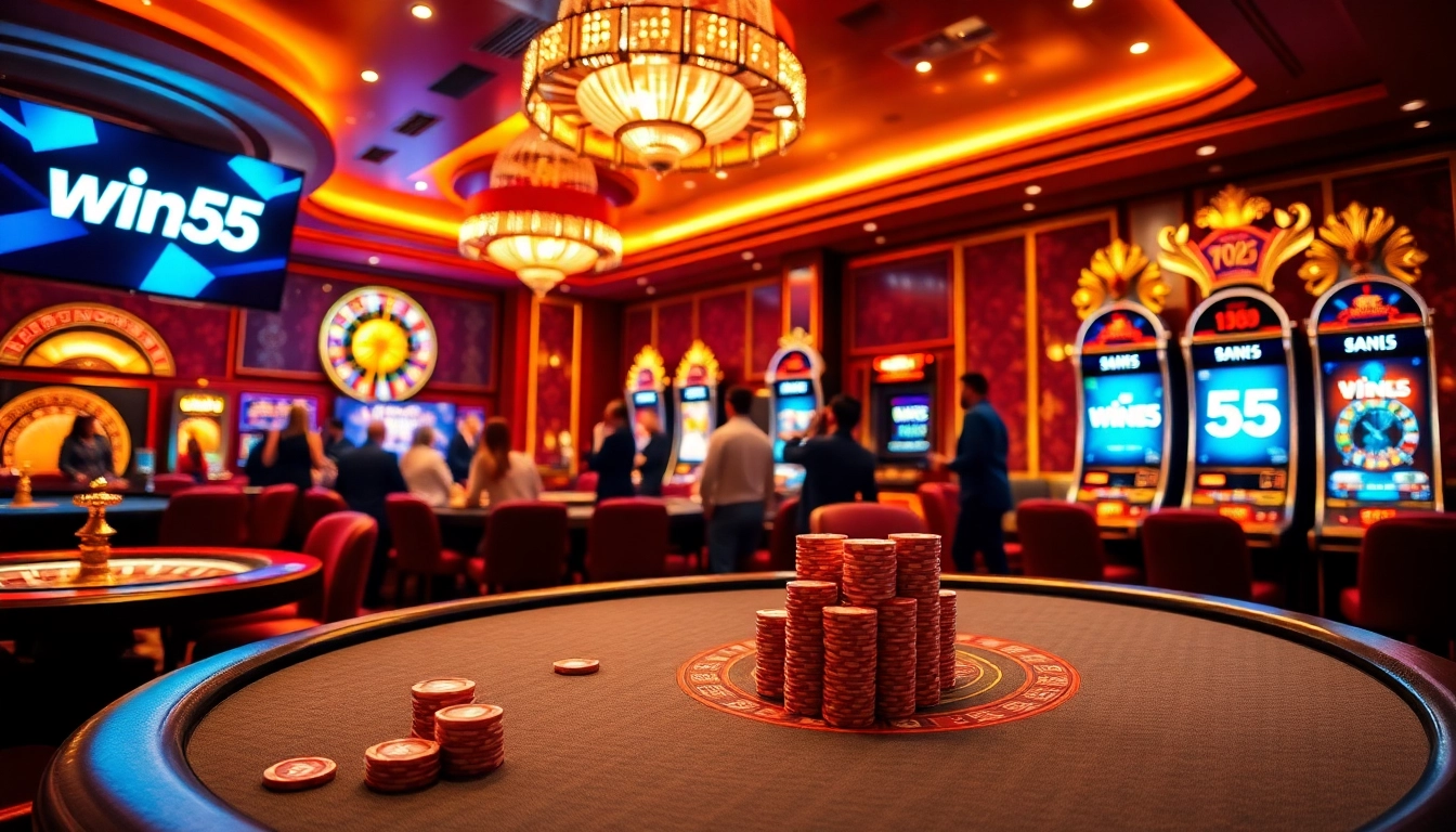 Gambling setup showcasing win55 in an elegant casino scene with poker tables and roulette wheels.