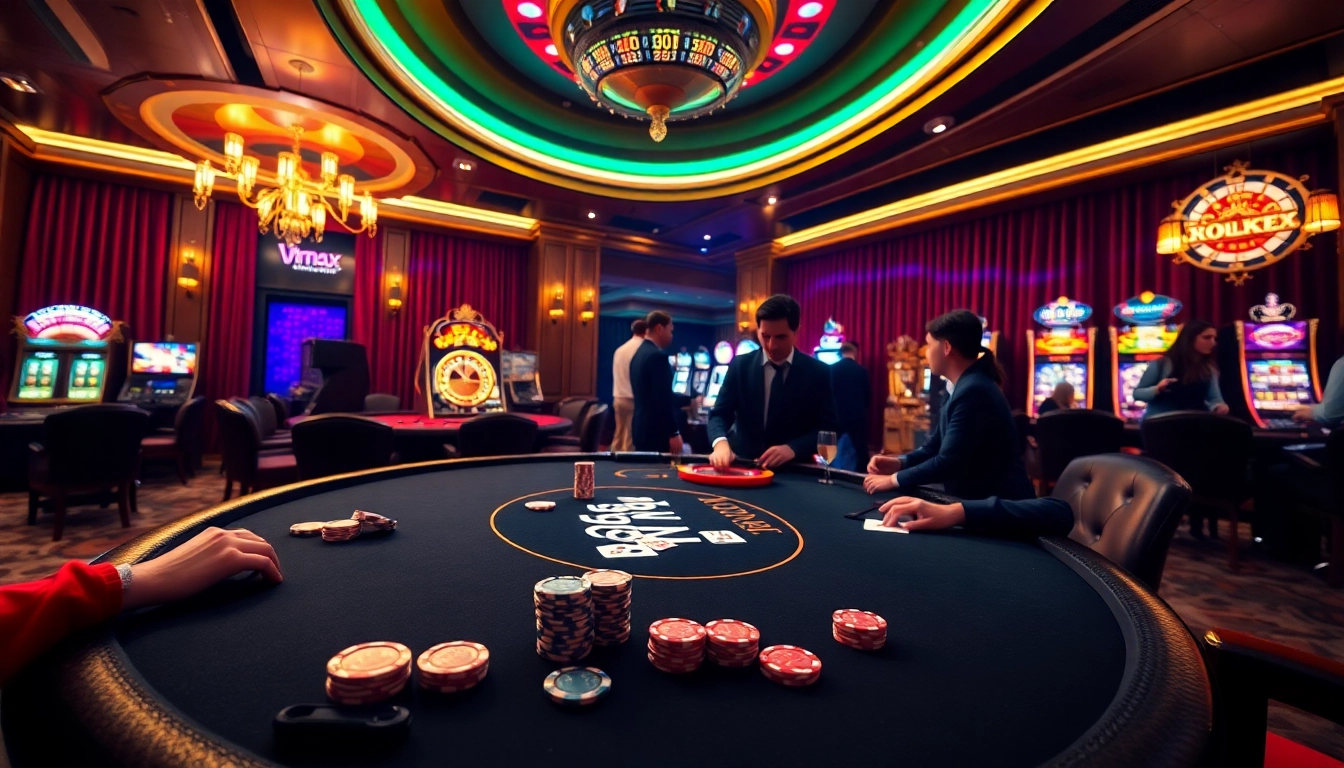 Experience vibrant gaming excitement at Vmax with poker tables and roulette wheels.