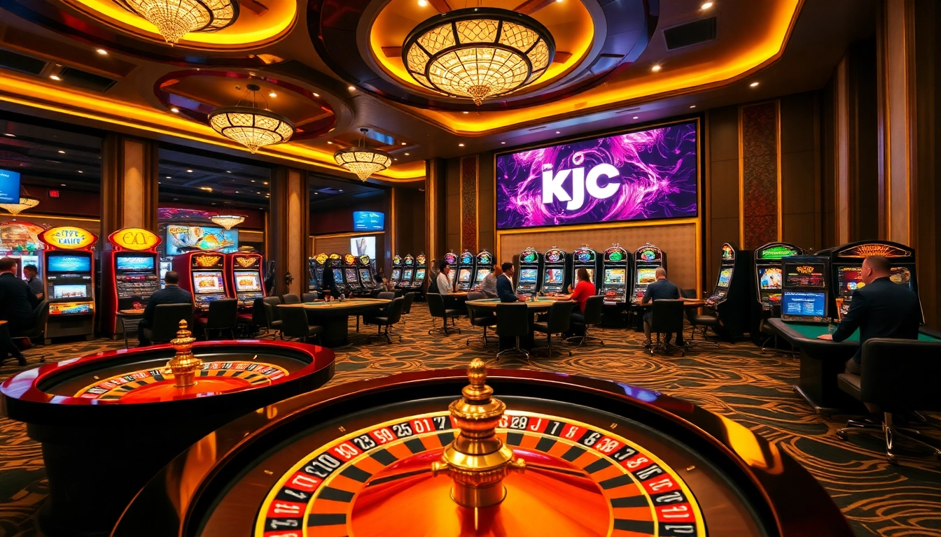 KJC casino scene with players at poker and roulette tables, emphasizing excitement.