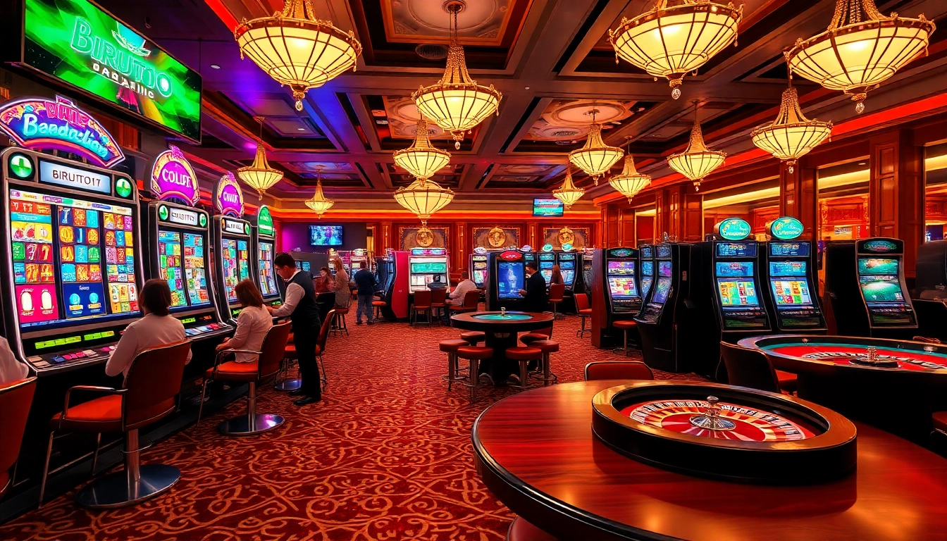 Excited players engaging with birutoto-themed slot machines in a luxurious casino atmosphere.