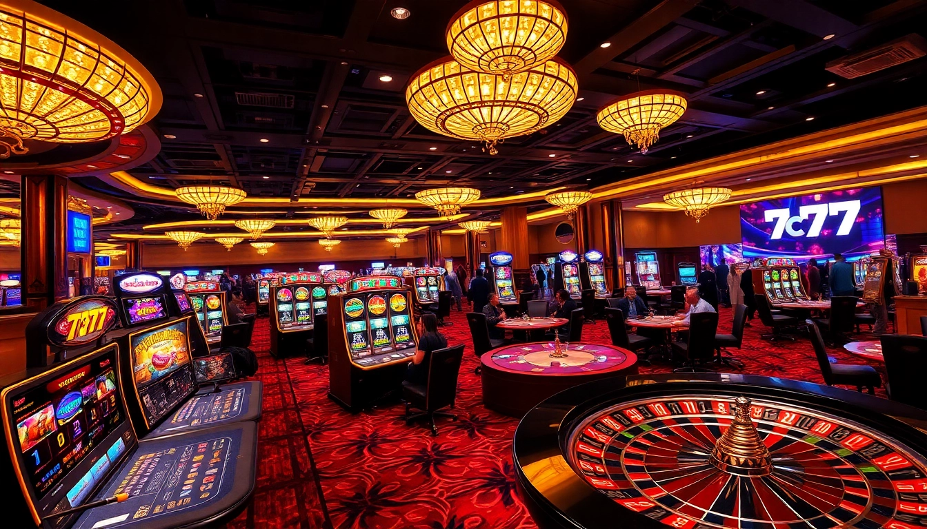 Experience exciting gaming at 7C77 casino with vibrant poker tables and dynamic slot machines.