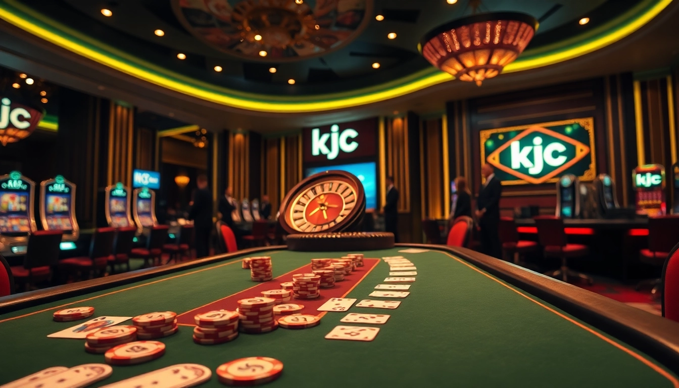 The kjc casino features an exciting poker setup with vibrant atmosphere and luxurious elements.