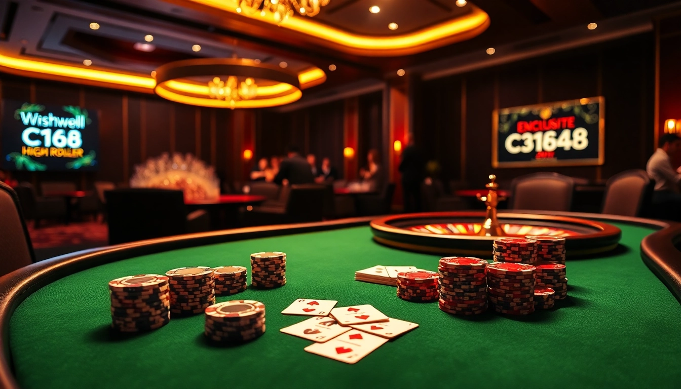 Players enjoying a thrilling poker game at the C168 casino table, showcasing poker chips and cards.