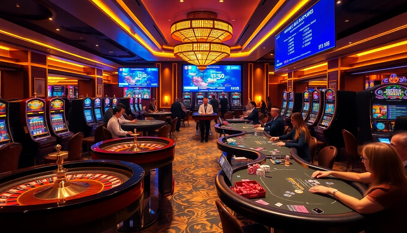 Experience thrilling gameplay at https://mm88.nl/ in a glamorous casino setting with vibrant gaming tables.