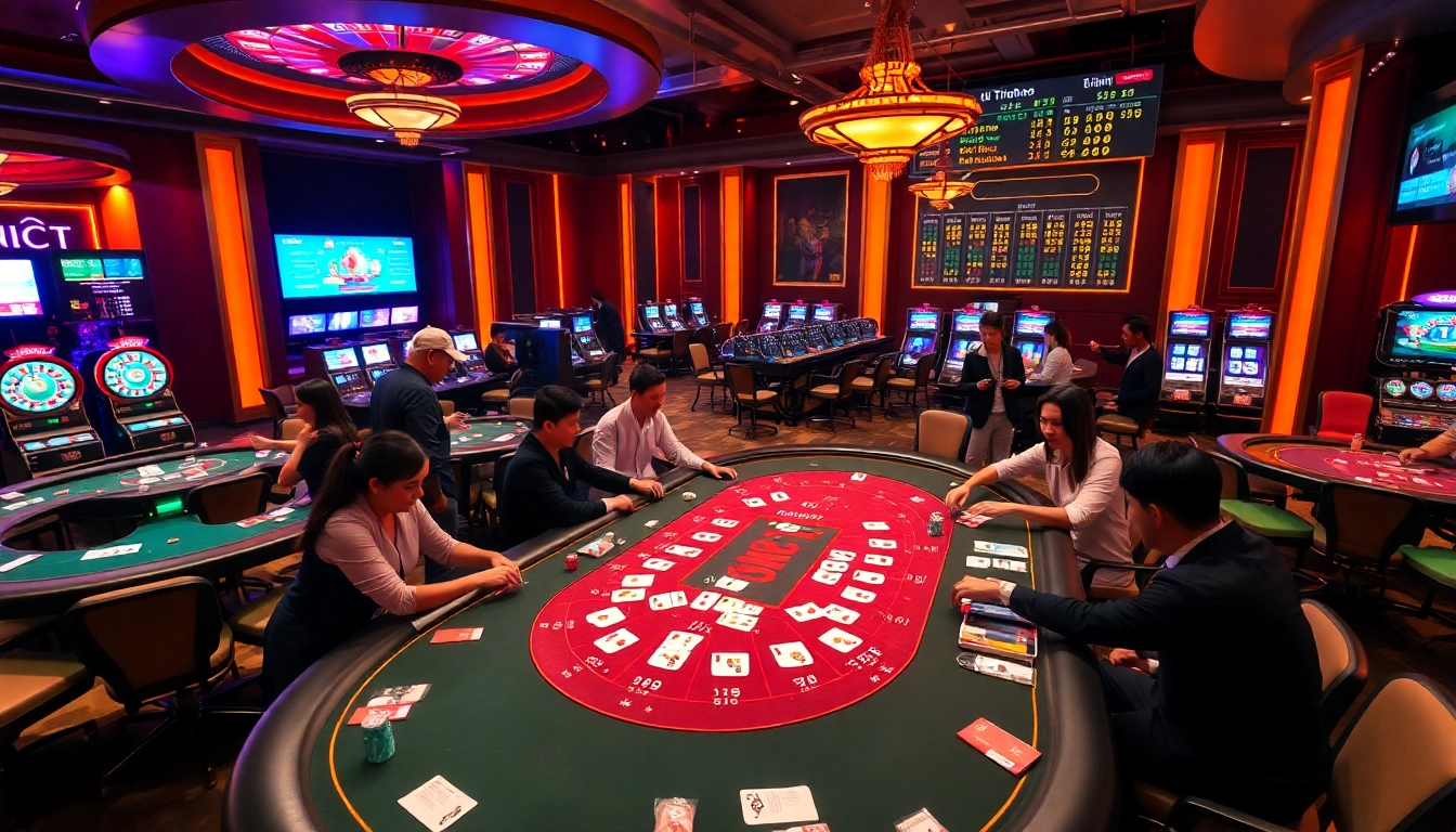 Engaging gameplay of Đá Gà Thomo BJ888 in a luxury casino setting, featuring vibrant tables and excited players.