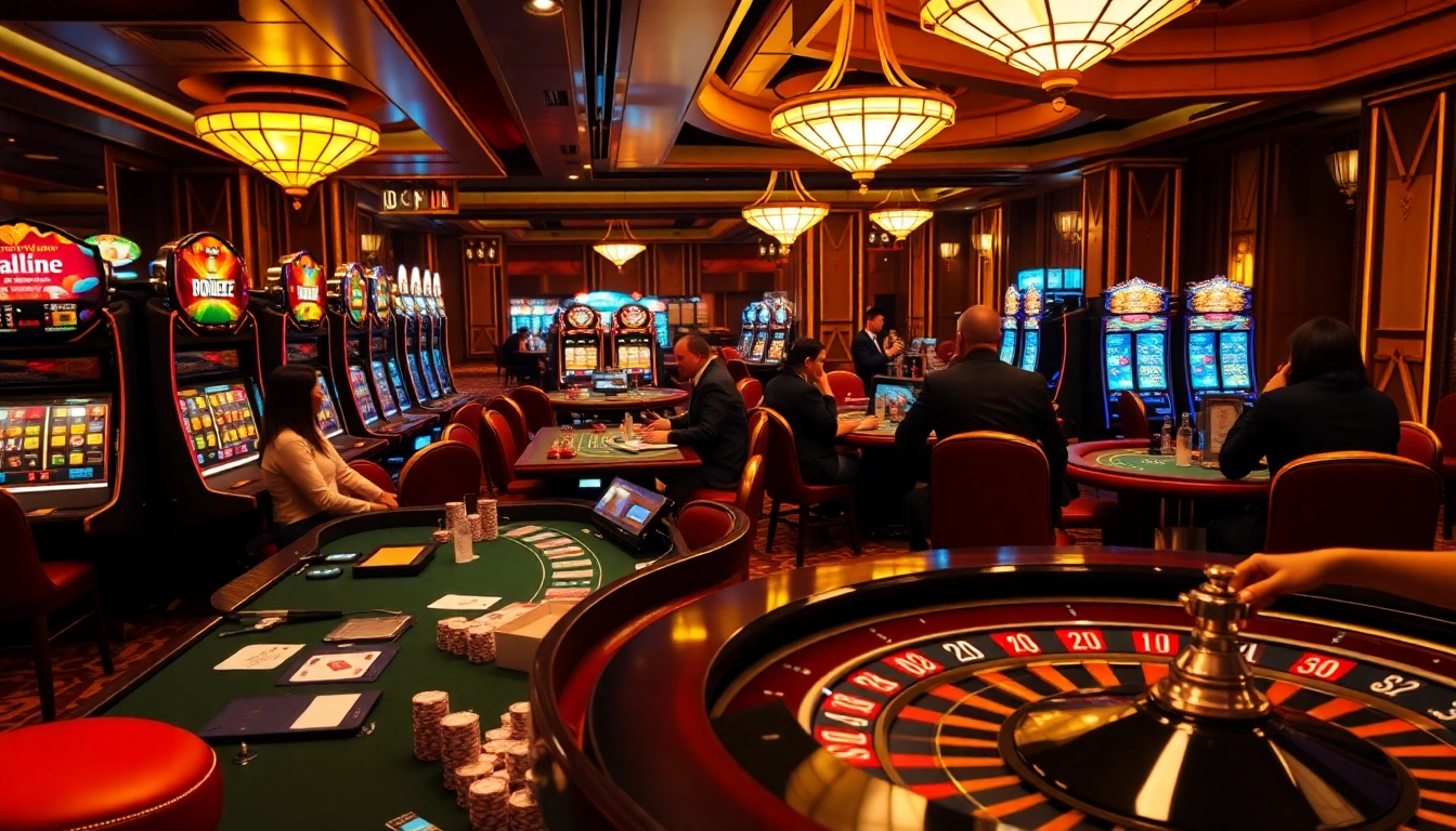 Experience the thrill of gaming at LC88.supply, featuring vibrant slot machines and excited players.