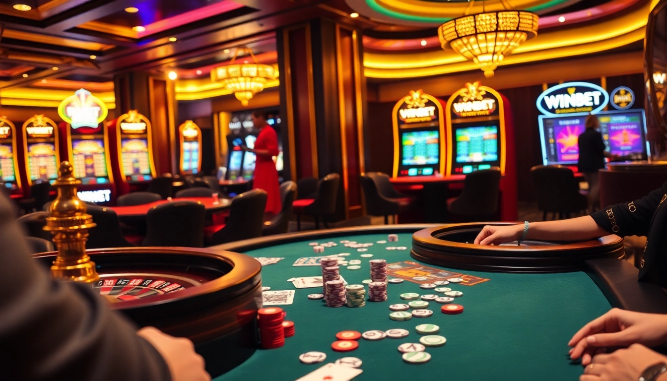 Players enjoying a thrilling poker game at WINBET Casino, surrounded by vibrant casino elements.