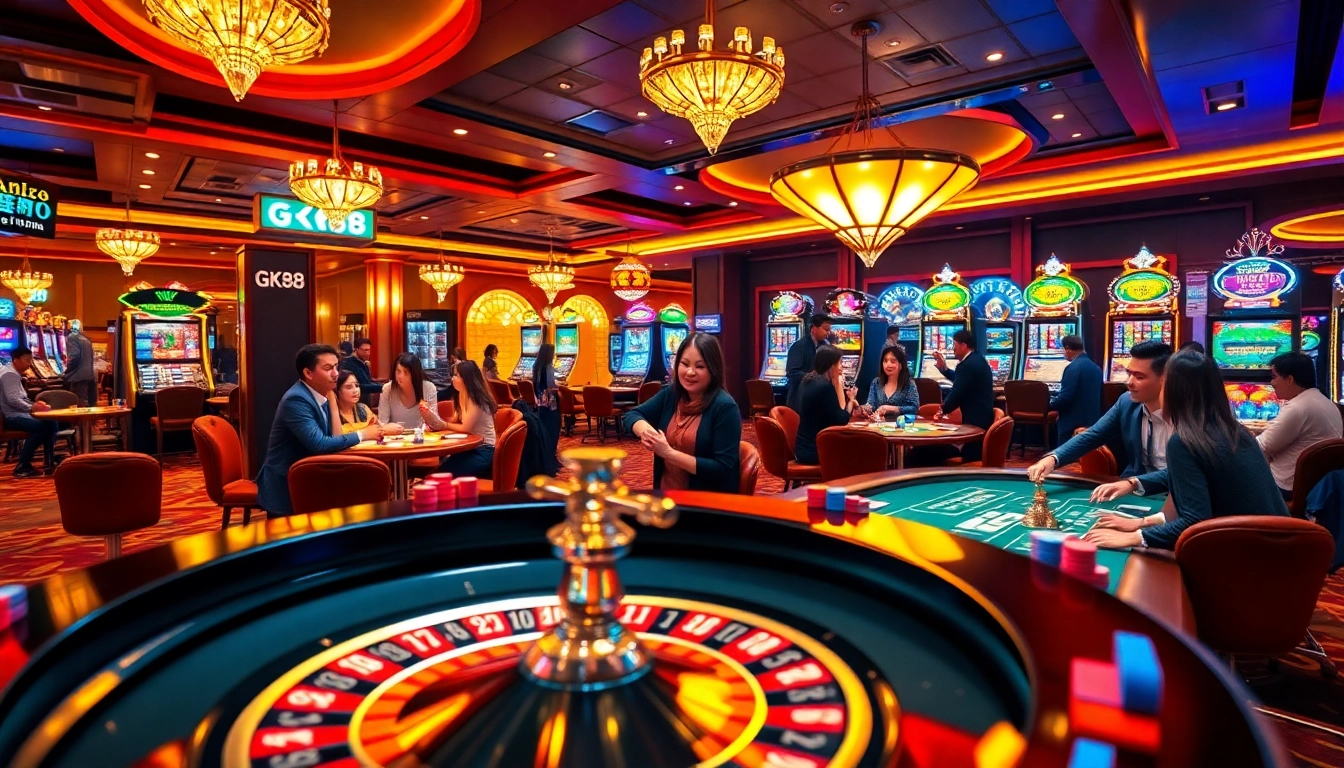 Players engaging in thrilling games at Casino GK88 with vibrant tables and slot machines.