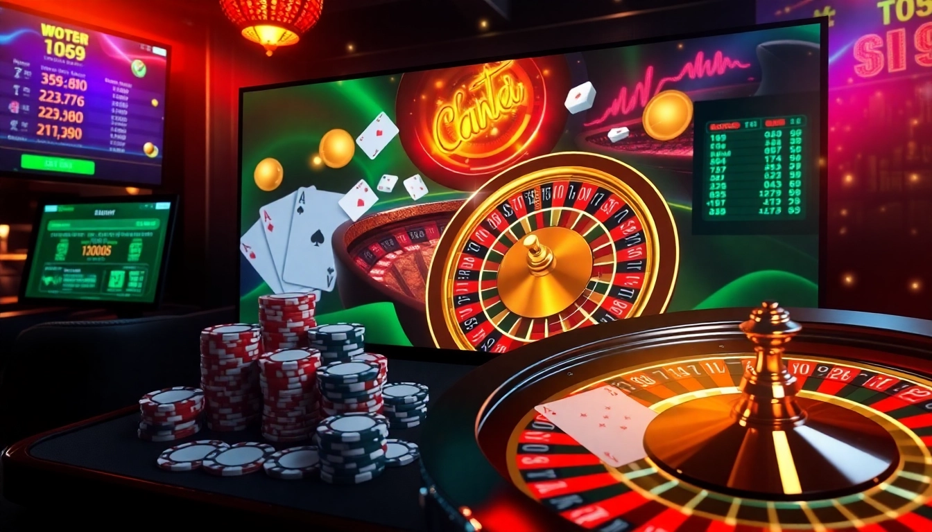 A captivating gambling scene featuring Nhà cái OK9 with poker chips, cards, and a roulette wheel illustrating excitement in online betting.