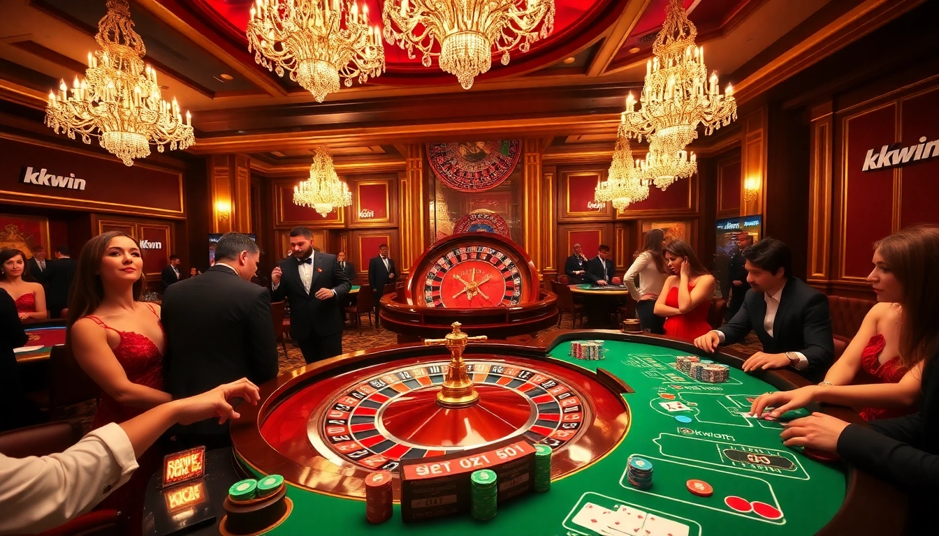 Engaging gamblers at the Kkwin casino, featuring roulette, poker chips, and lavish decor.