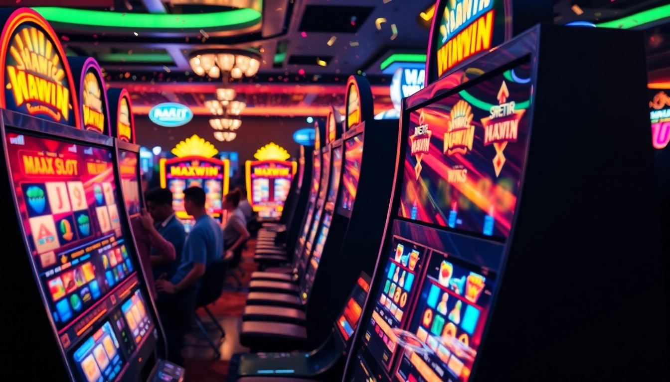 Menggambarkan momen menang slot maxwin di kasino online yang meriah dan penuh warna.