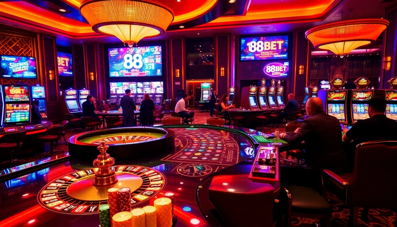 Players enjoy the excitement of 88bet with vibrant casino visuals, featuring gaming tables and slot machines.