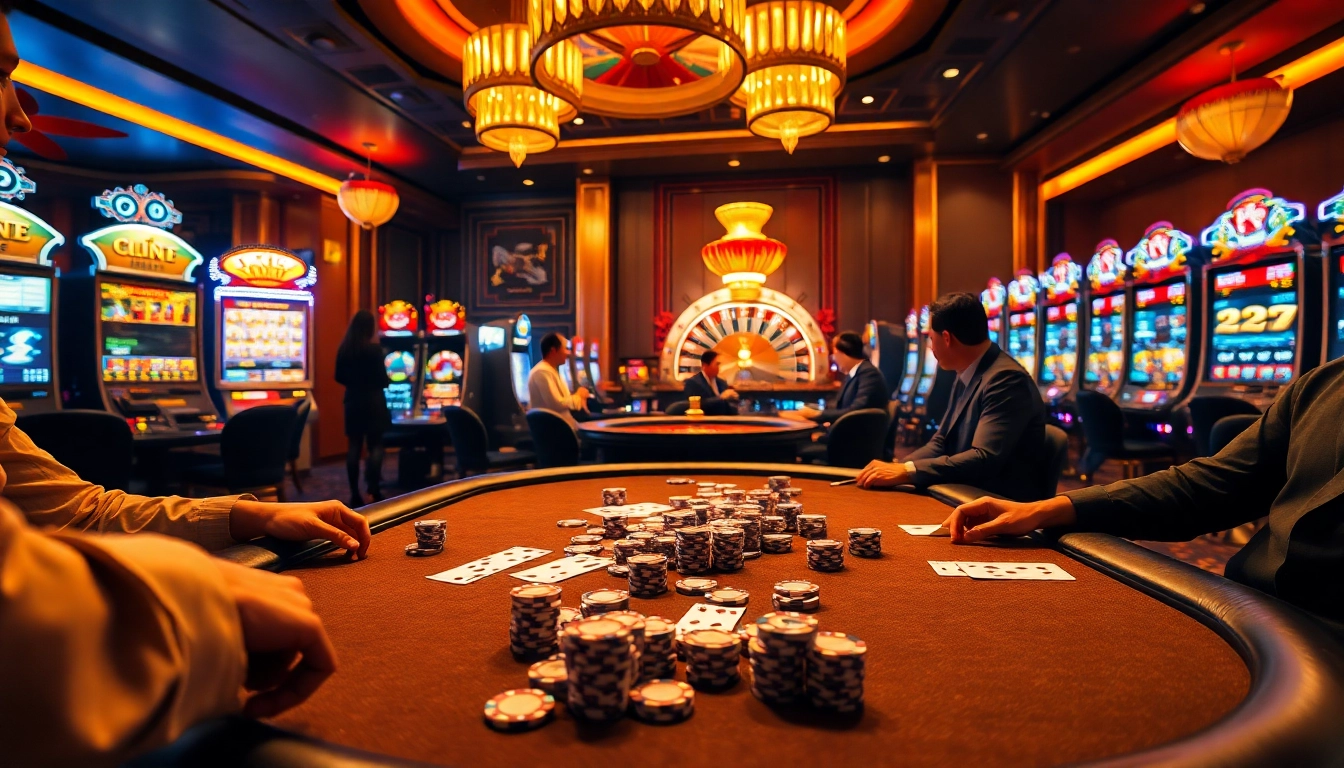 Engaging casino scene emphasizing kèo nhà cái with poker players and roulette action.