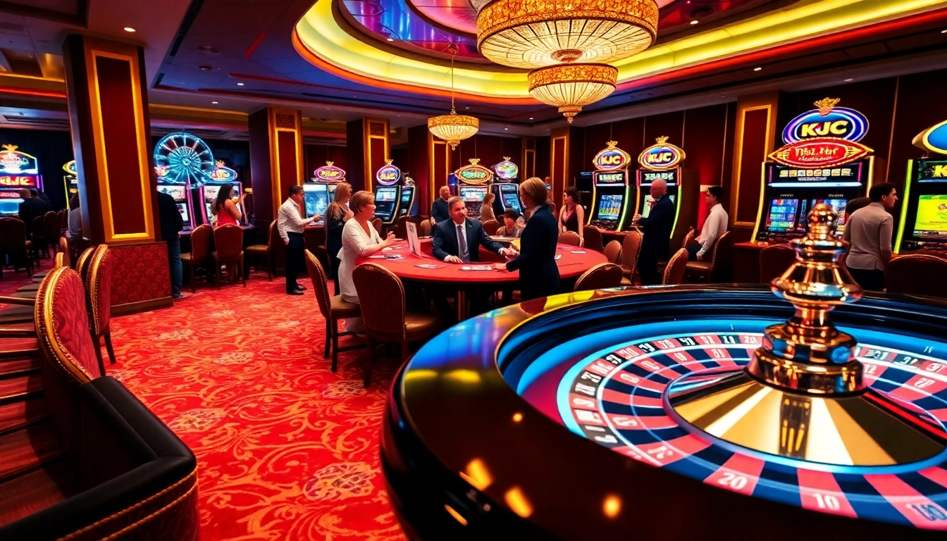 Experience an exciting game at KJC's upscale casino poker table with vibrant lighting and high stakes.