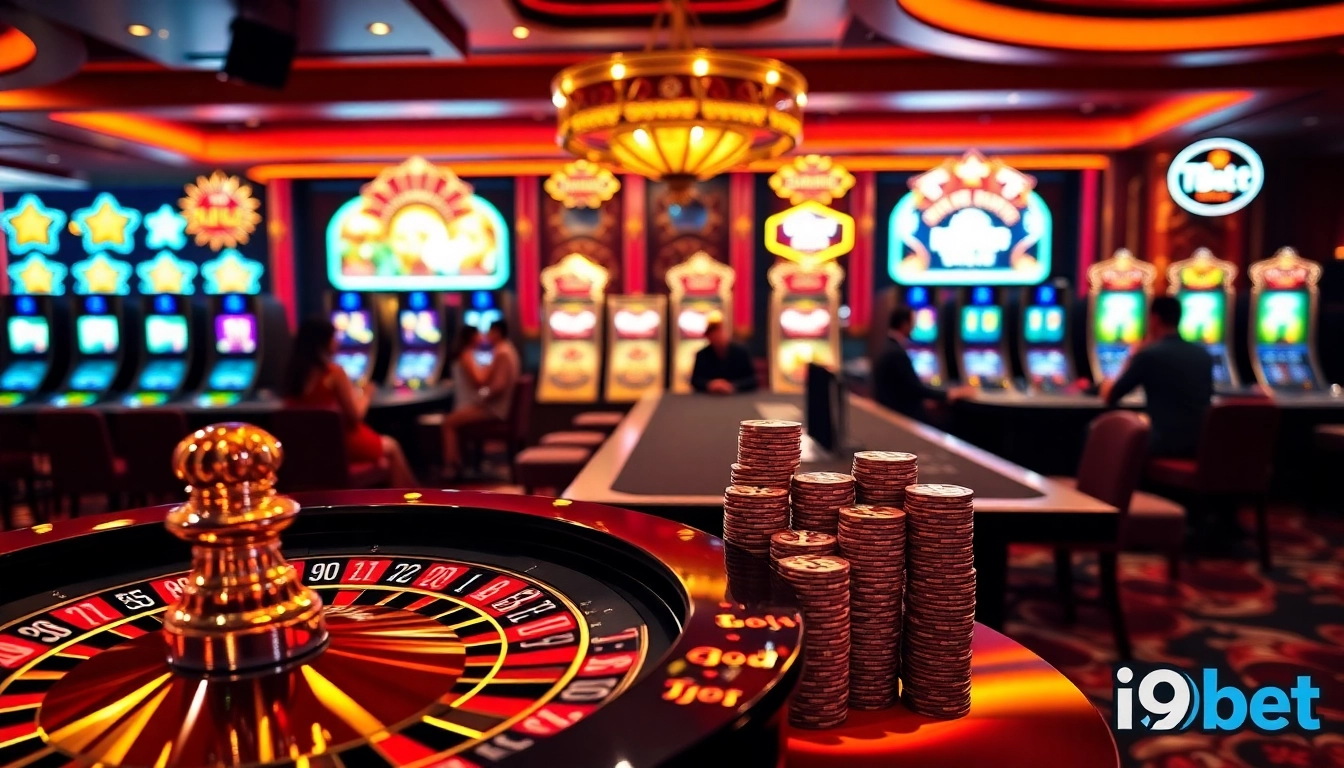 I9bet casino experience with roulette, poker chips, and colorful slot machines in a luxurious setting.