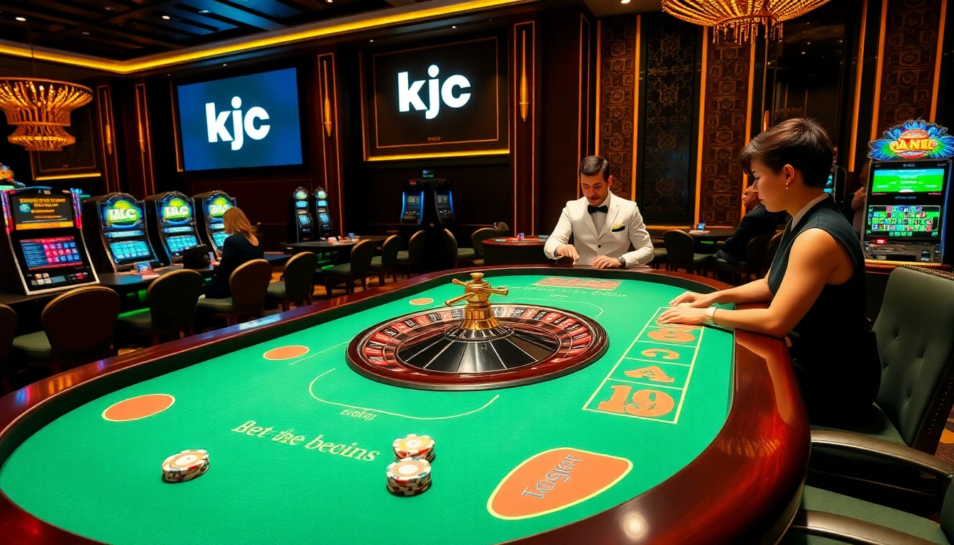 Experience the excitement of kjc-style gambling with players engaged at a luxurious casino table.