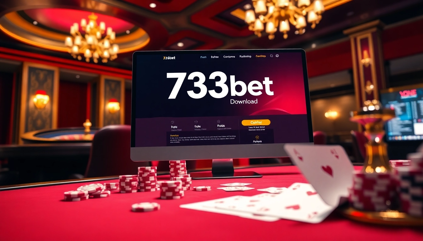 Exciting online gambling atmosphere featuring 733bet Download with poker chips and roulette wheel.