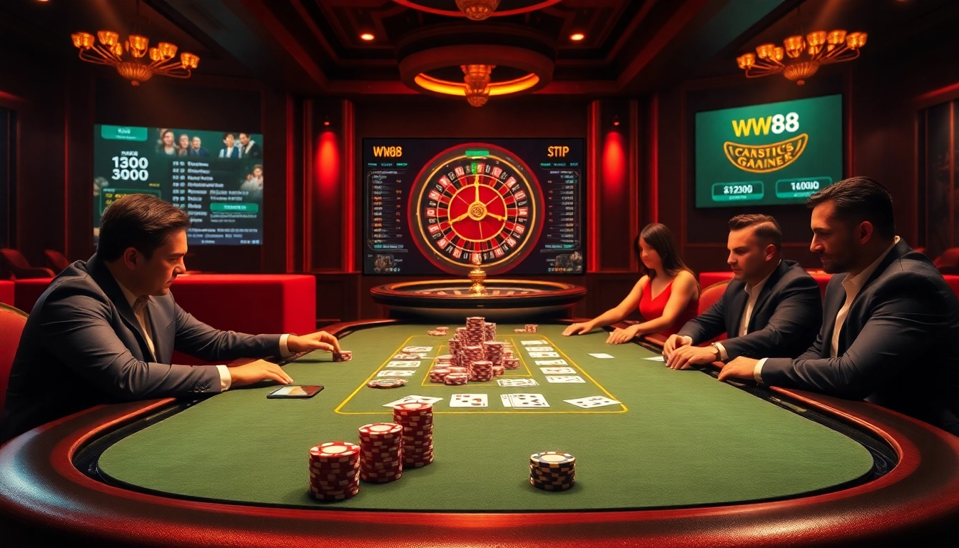 WW88 poker table scene with players engaging in high-stakes gambling activities.