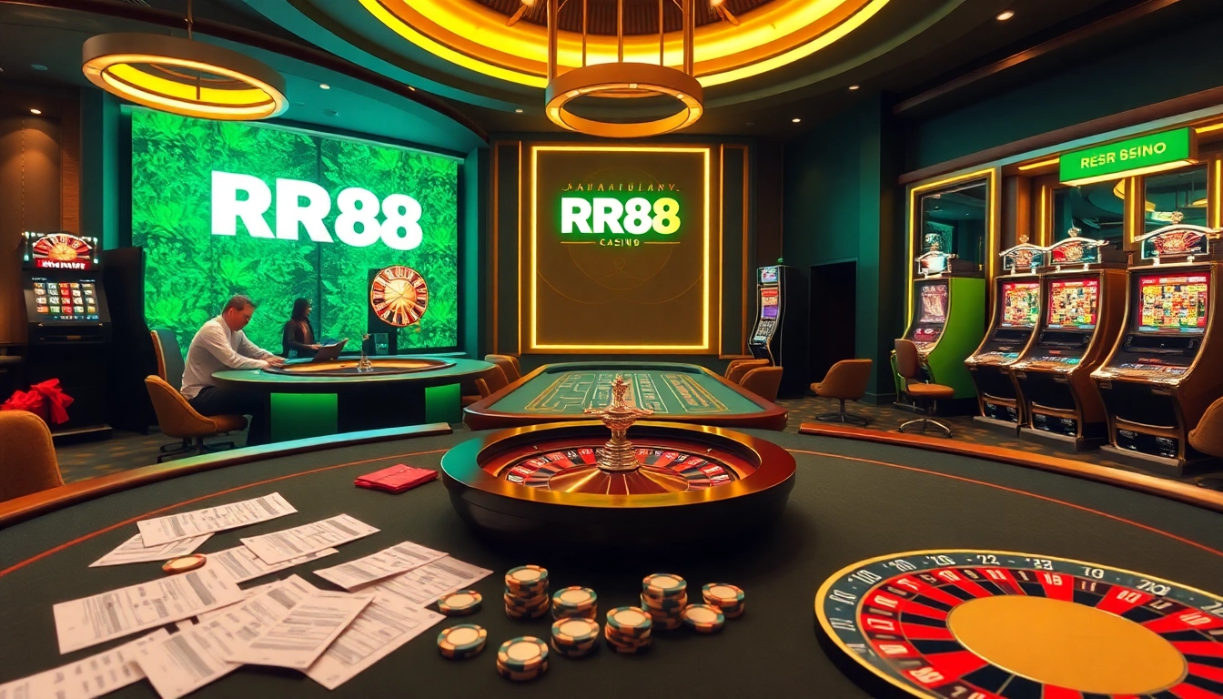 Experience the excitement of RR88 with players engaging in thrilling casino games and vibrant roulette.